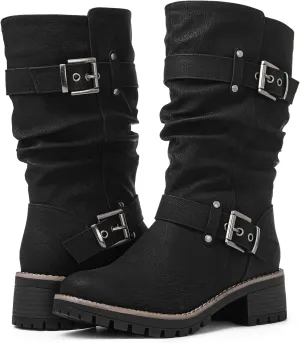 GLOBALWIN Women's Mid Calf Dress Boots Biker Motorcycle Riding Boots Women For Women
