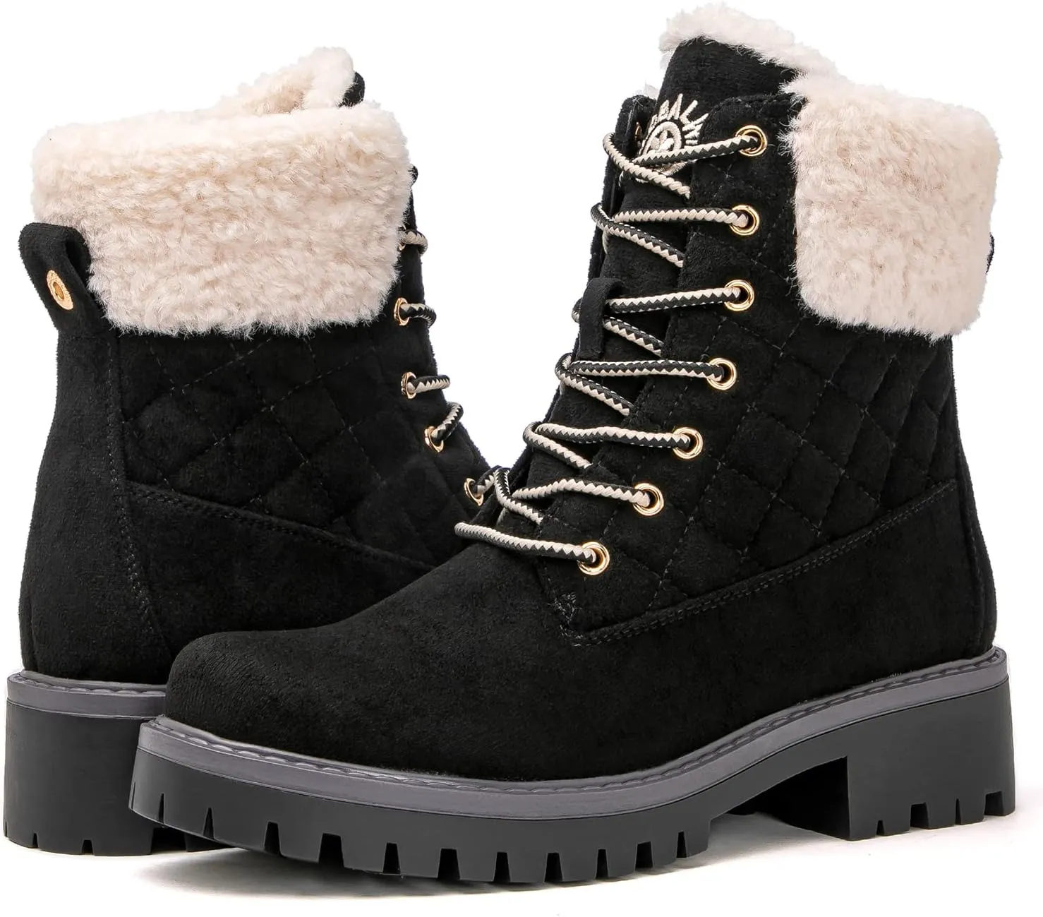 GLOBALWIN Women's Quilted Ankle Boots Fashion Combat Boots Lace Up Combat Boots Low Heel Warm Fur Ankle Booties For Women