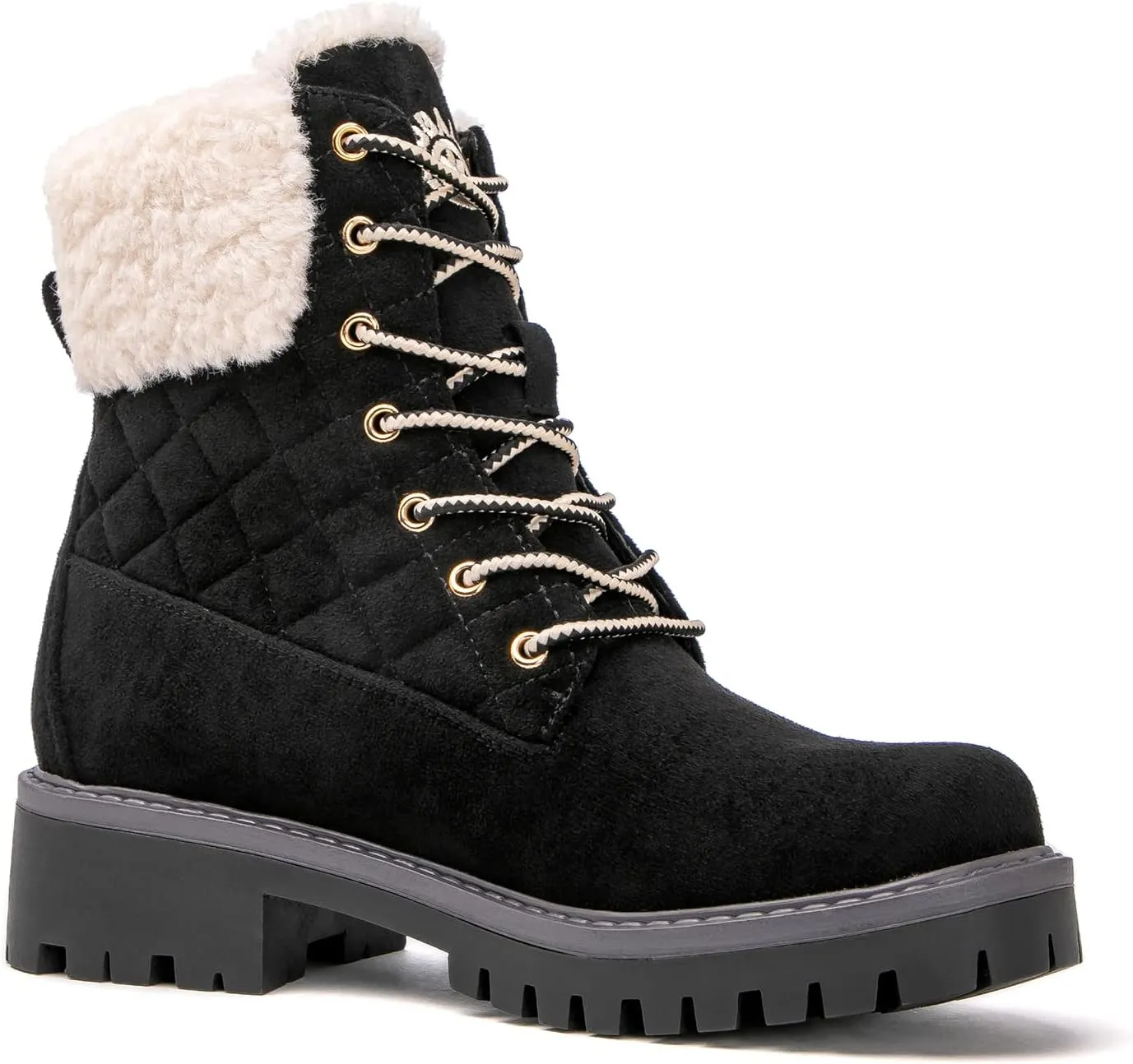 GLOBALWIN Women's Quilted Ankle Boots Fashion Combat Boots Lace Up Combat Boots Low Heel Warm Fur Ankle Booties For Women