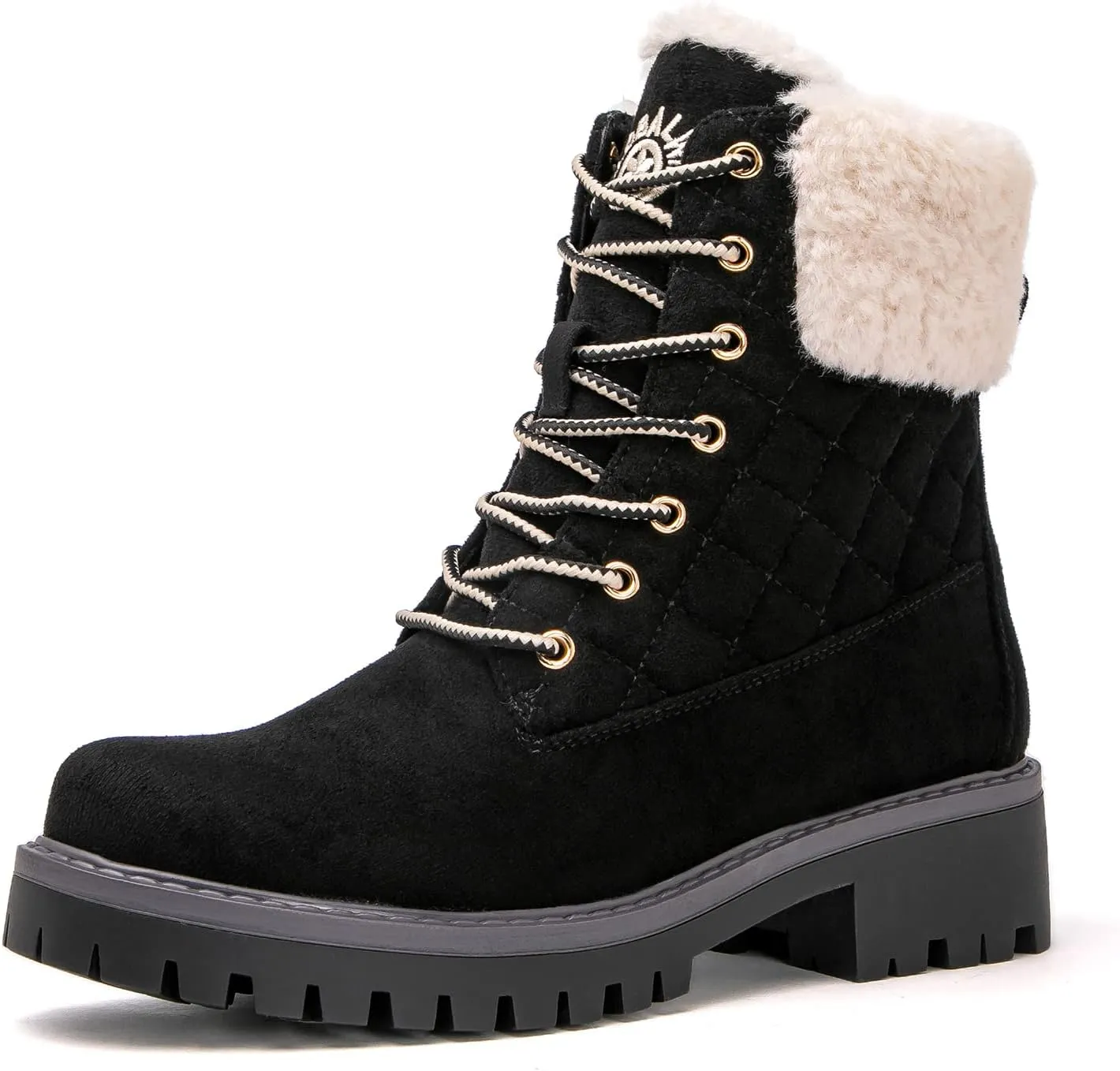 GLOBALWIN Women's Quilted Ankle Boots Fashion Combat Boots Lace Up Combat Boots Low Heel Warm Fur Ankle Booties For Women