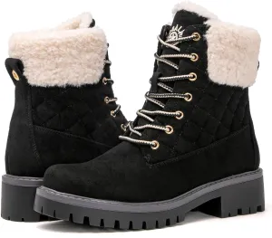GLOBALWIN Women's Quilted Ankle Boots Fashion Combat Boots Lace Up Combat Boots Low Heel Warm Fur Ankle Booties For Women