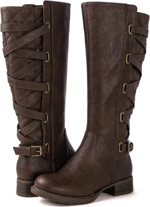 GLOBALWIN Women's Quilted Knee High Fashion Boots Strappy Boots For Women