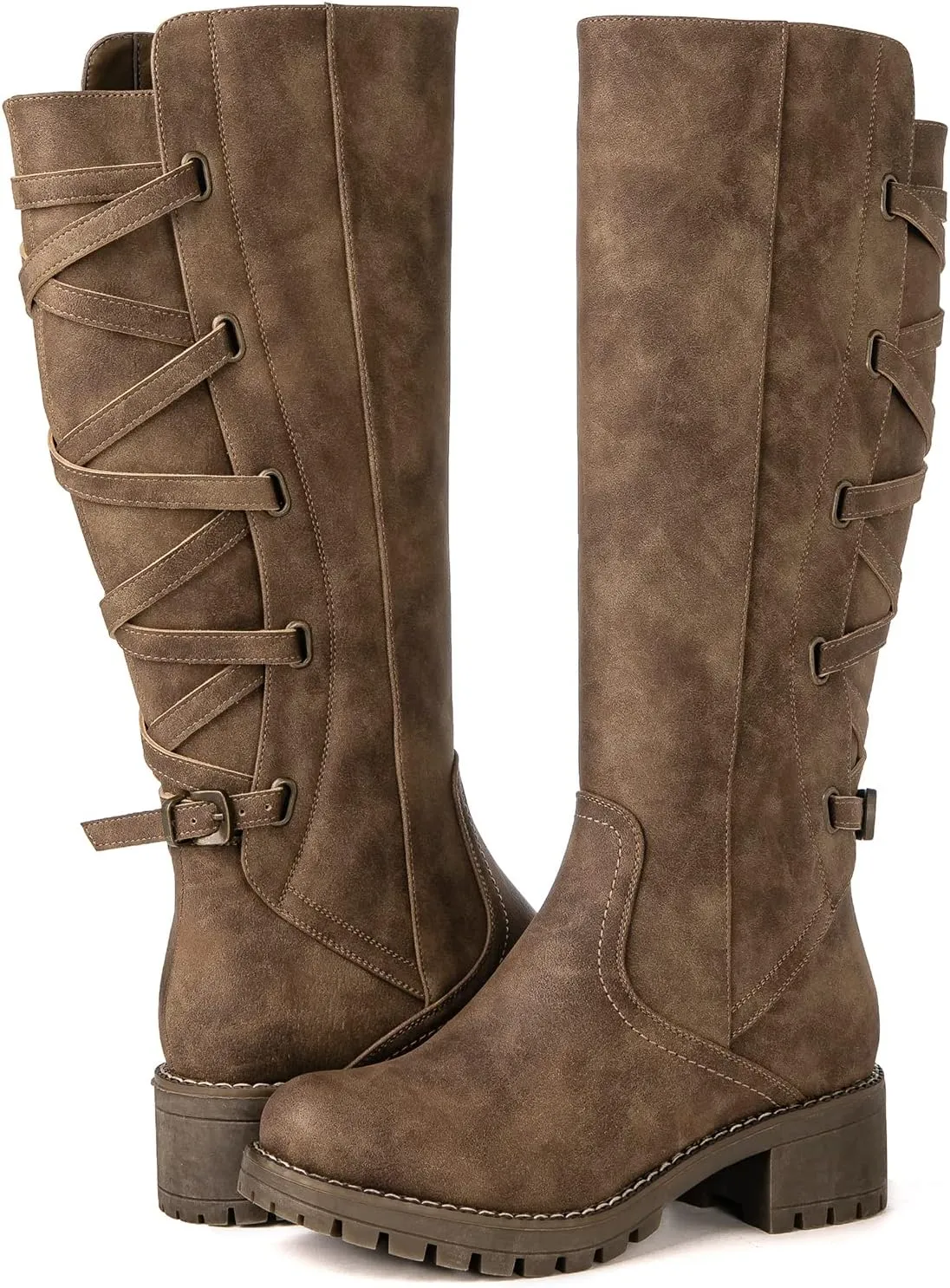 GLOBALWIN Women's Strappy Motorcycle Knee High Boots Riding Boots Back Lace Up Fall Winter Fashion Knee High Boots For Women