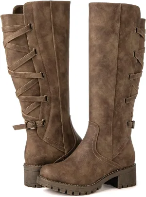 GLOBALWIN Women's Strappy Motorcycle Knee High Boots Riding Boots Back Lace Up Fall Winter Fashion Knee High Boots For Women