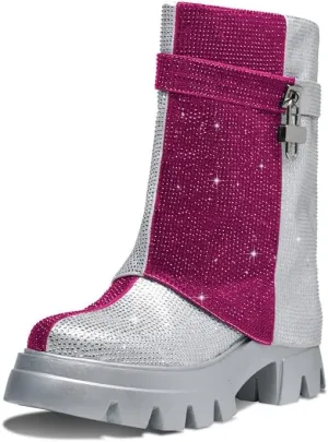 GOSERCE Rhinestone Platform Boots Lug Sole Fold Over Booties Mid Calf Sparkly With Round Toe and Zipper