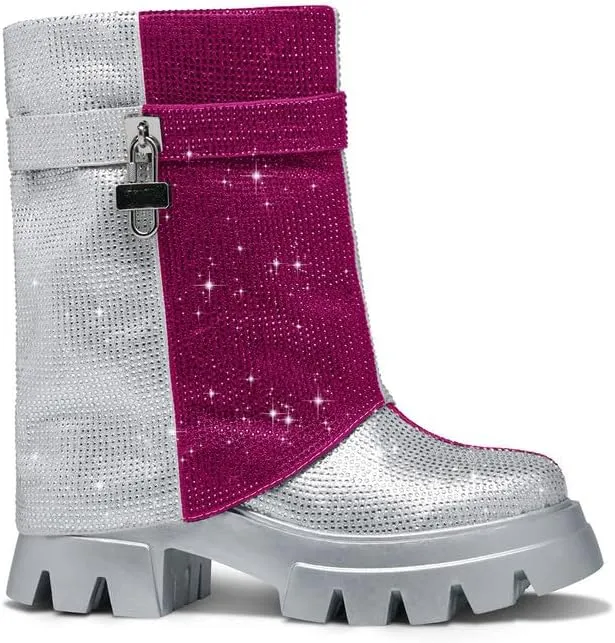 GOSERCE Rhinestone Platform Boots Lug Sole Fold Over Booties Mid Calf Sparkly With Round Toe and Zipper