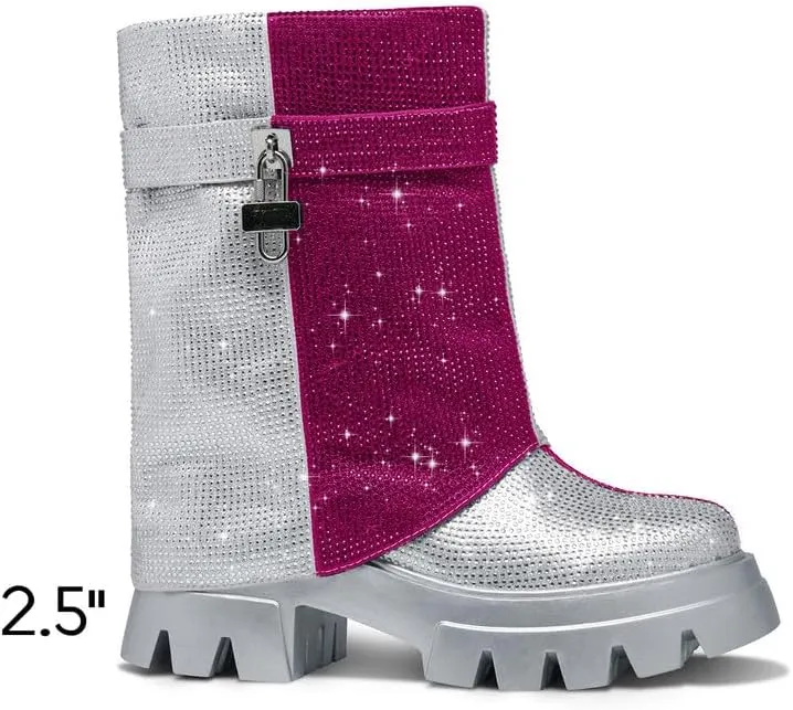 GOSERCE Rhinestone Platform Boots Lug Sole Fold Over Booties Mid Calf Sparkly With Round Toe and Zipper