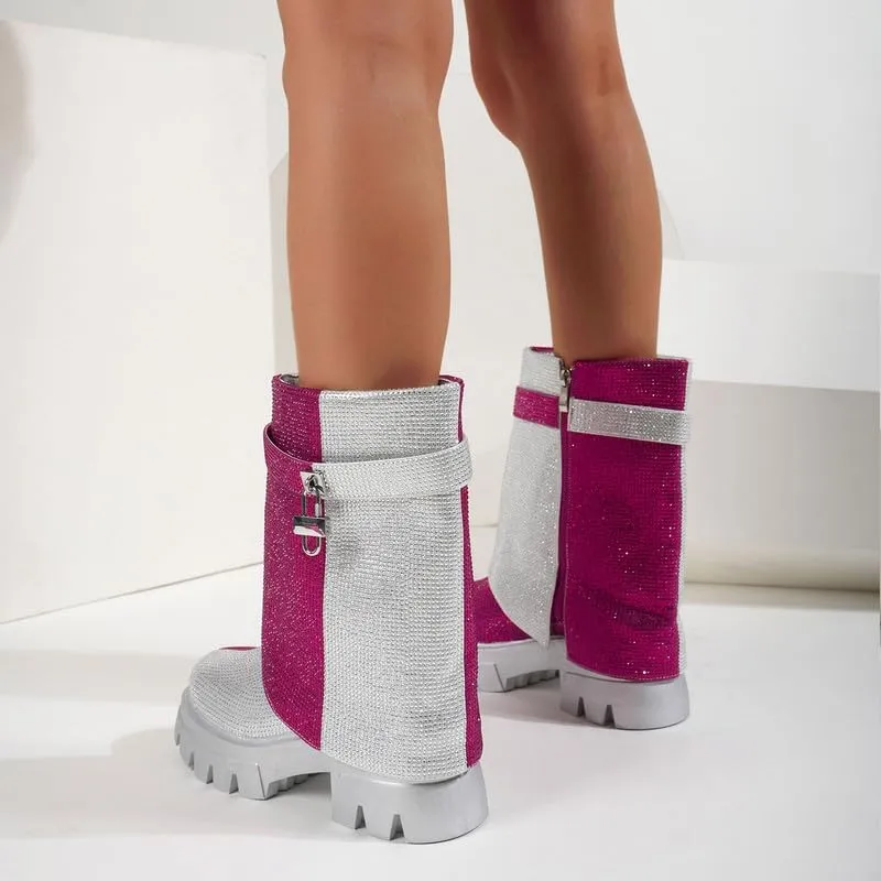 GOSERCE Rhinestone Platform Boots Lug Sole Fold Over Booties Mid Calf Sparkly With Round Toe and Zipper