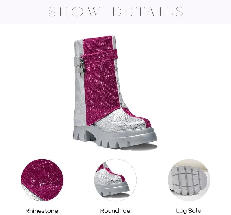 GOSERCE Rhinestone Platform Boots Lug Sole Fold Over Booties Mid Calf Sparkly With Round Toe and Zipper