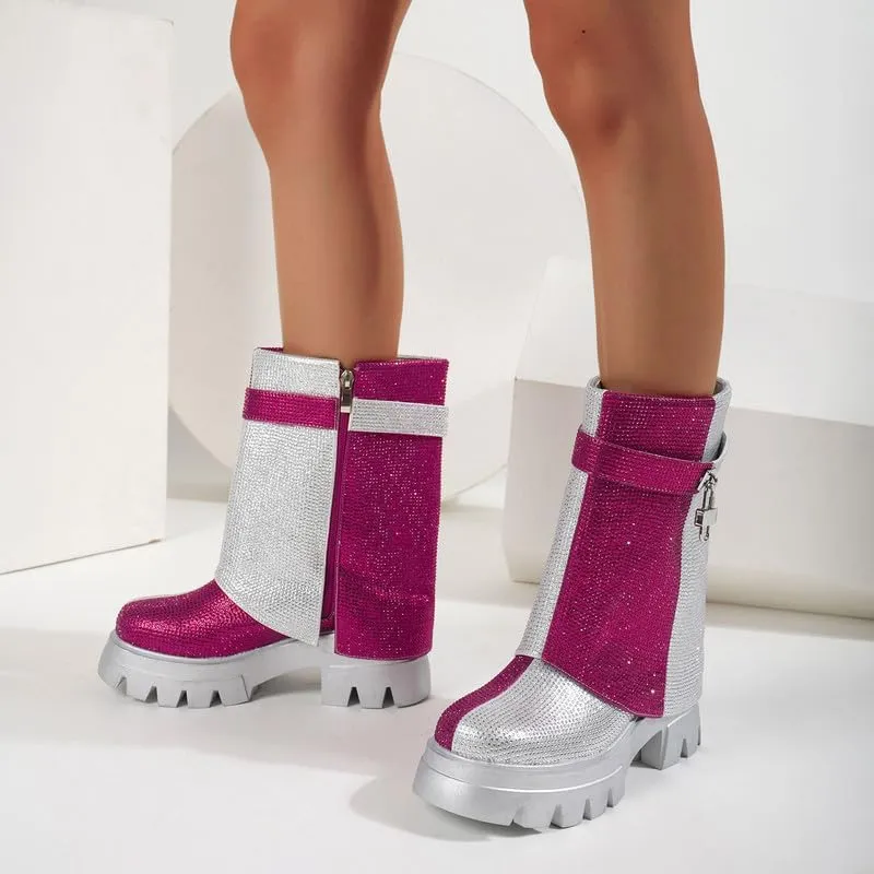 GOSERCE Rhinestone Platform Boots Lug Sole Fold Over Booties Mid Calf Sparkly With Round Toe and Zipper
