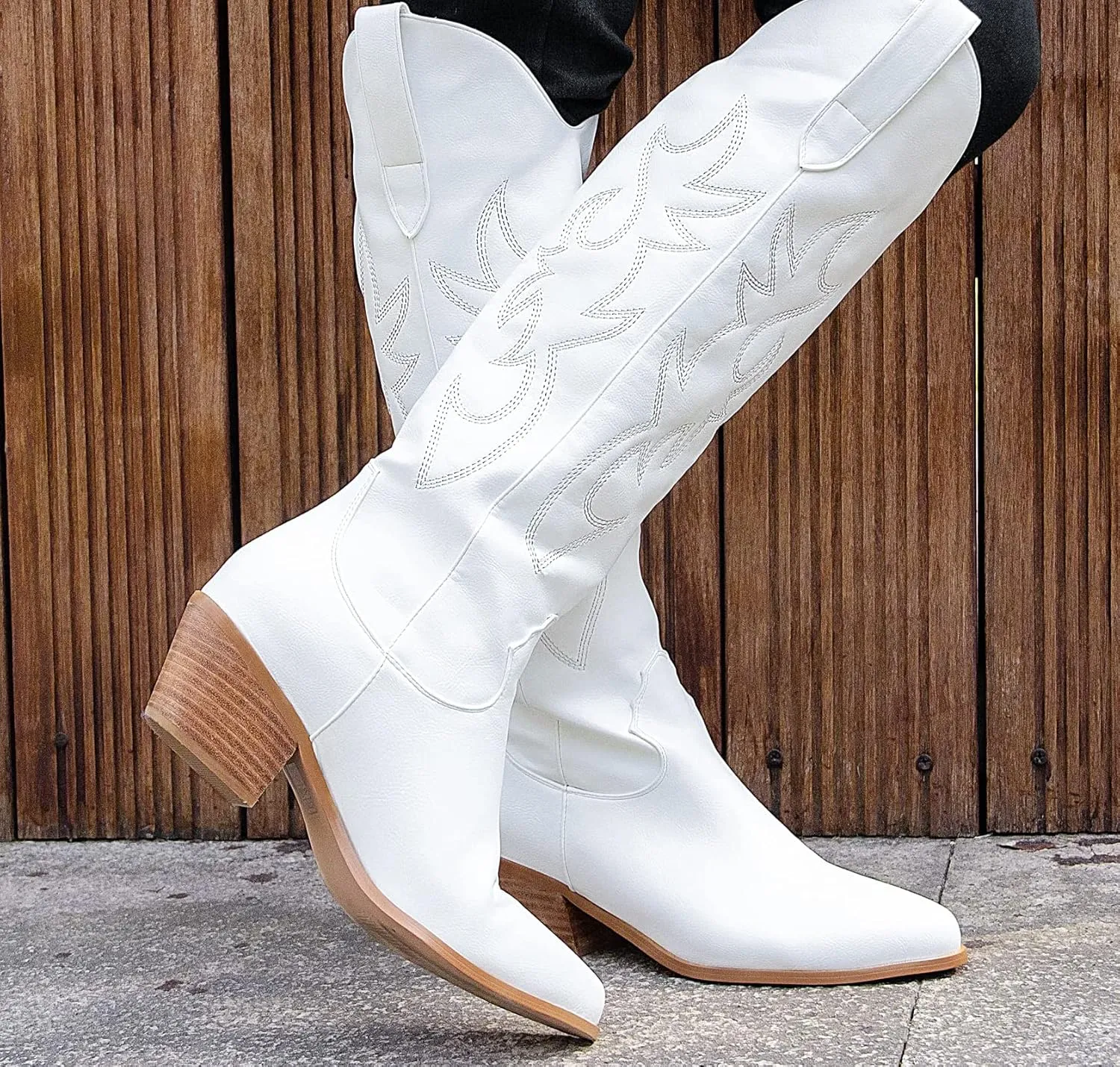 GOSERCE Women's Western Cowboy Boots with Embroidery Chunky Block Heel 2.5" Classic Cowgirl Boots Mid Calf Booties Almond Shaped Pointed Toe Knee High boots Pull On Fashion Design