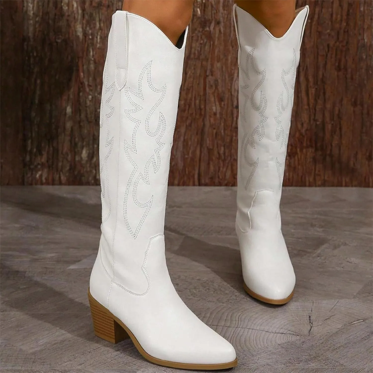 GOSERCE Women's Western Cowboy Boots with Embroidery Chunky Block Heel 2.5" Classic Cowgirl Boots Mid Calf Booties Almond Shaped Pointed Toe Knee High boots Pull On Fashion Design