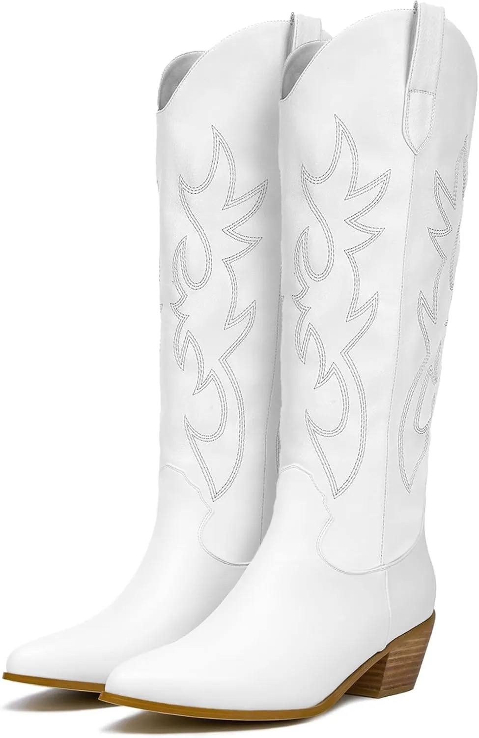 GOSERCE Women's Western Cowboy Boots with Embroidery Chunky Block Heel 2.5" Classic Cowgirl Boots Mid Calf Booties Almond Shaped Pointed Toe Knee High boots Pull On Fashion Design