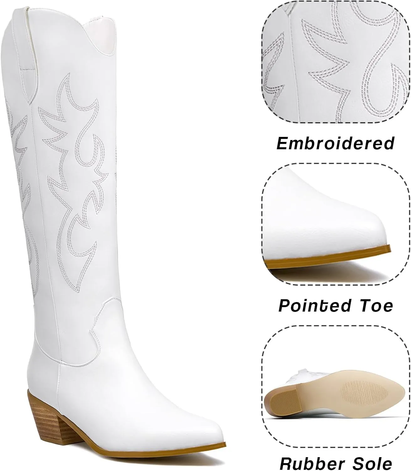 GOSERCE Women's Western Cowboy Boots with Embroidery Chunky Block Heel 2.5" Classic Cowgirl Boots Mid Calf Booties Almond Shaped Pointed Toe Knee High boots Pull On Fashion Design