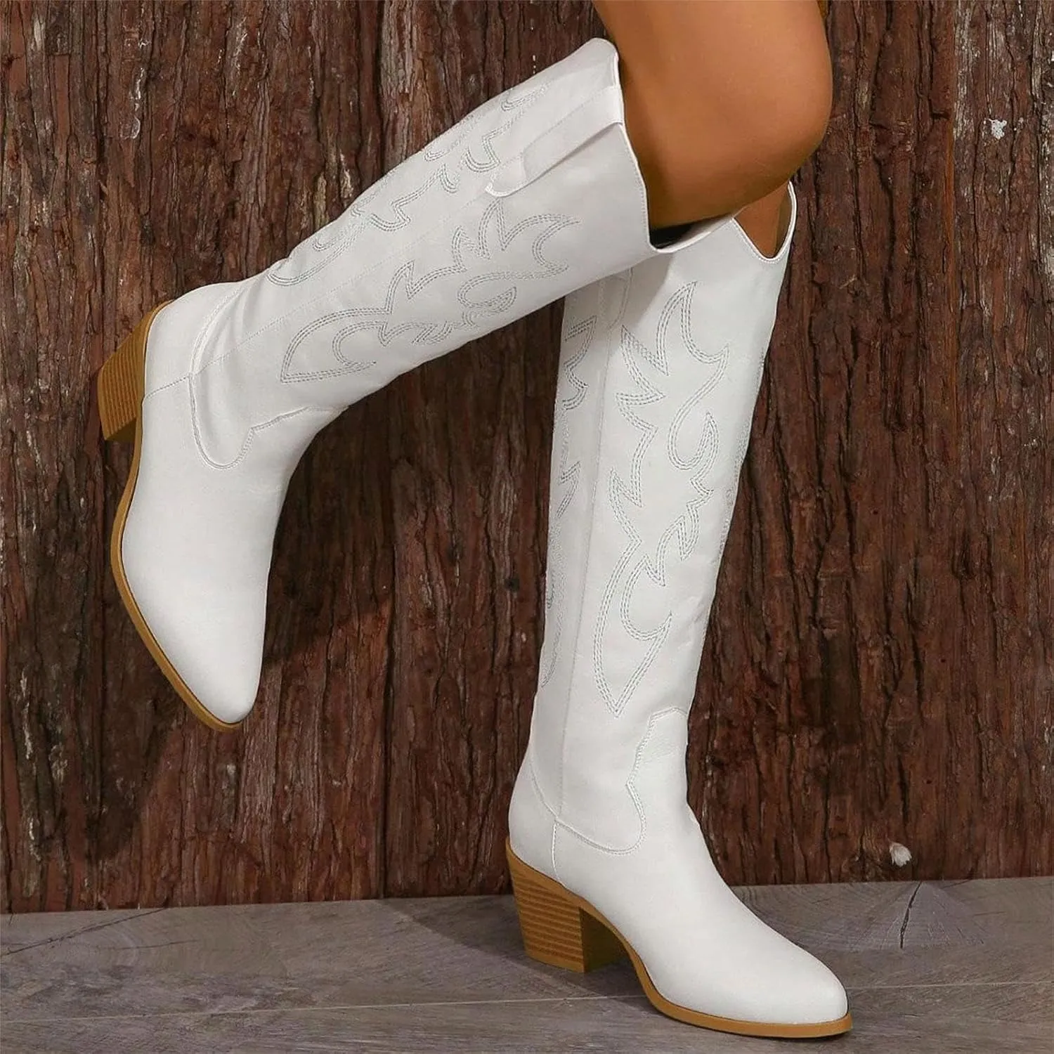 GOSERCE Women's Western Cowboy Boots with Embroidery Chunky Block Heel 2.5" Classic Cowgirl Boots Mid Calf Booties Almond Shaped Pointed Toe Knee High boots Pull On Fashion Design