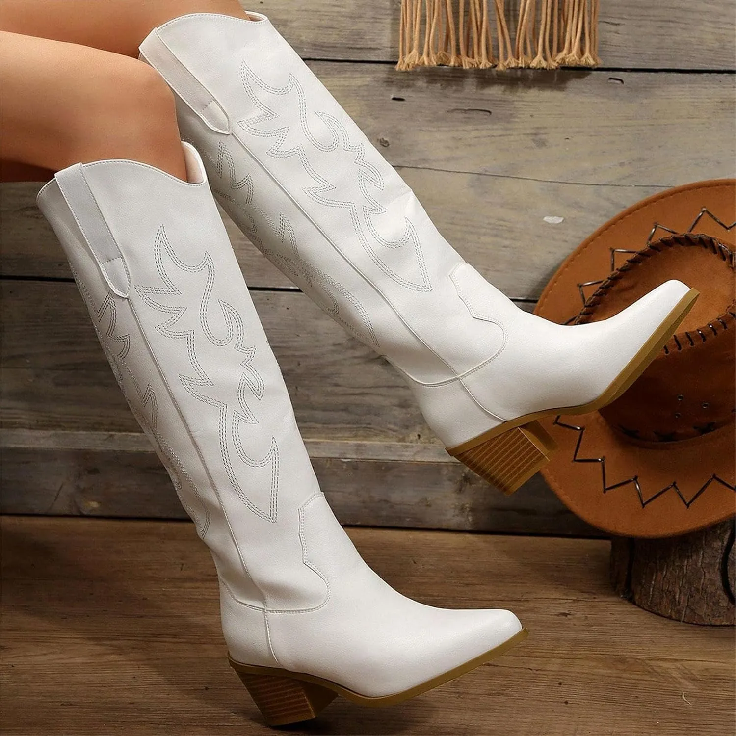 GOSERCE Women's Western Cowboy Boots with Embroidery Chunky Block Heel 2.5" Classic Cowgirl Boots Mid Calf Booties Almond Shaped Pointed Toe Knee High boots Pull On Fashion Design