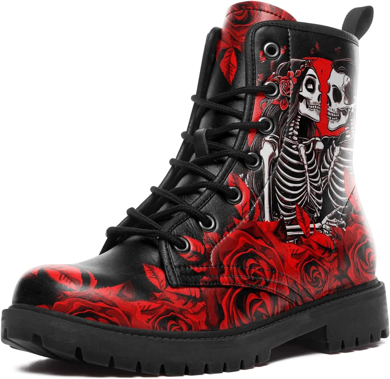 Gothic Boots Skull Rose Combat Boots Lace-Up Ankle Booties Fashion Leather Work Boots