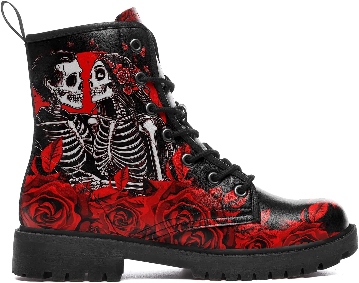 Gothic Boots Skull Rose Combat Boots Lace-Up Ankle Booties Fashion Leather Work Boots