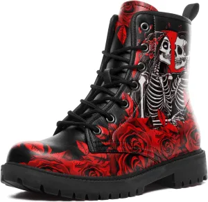 Gothic Boots Skull Rose Combat Boots Lace-Up Ankle Booties Fashion Leather Work Boots