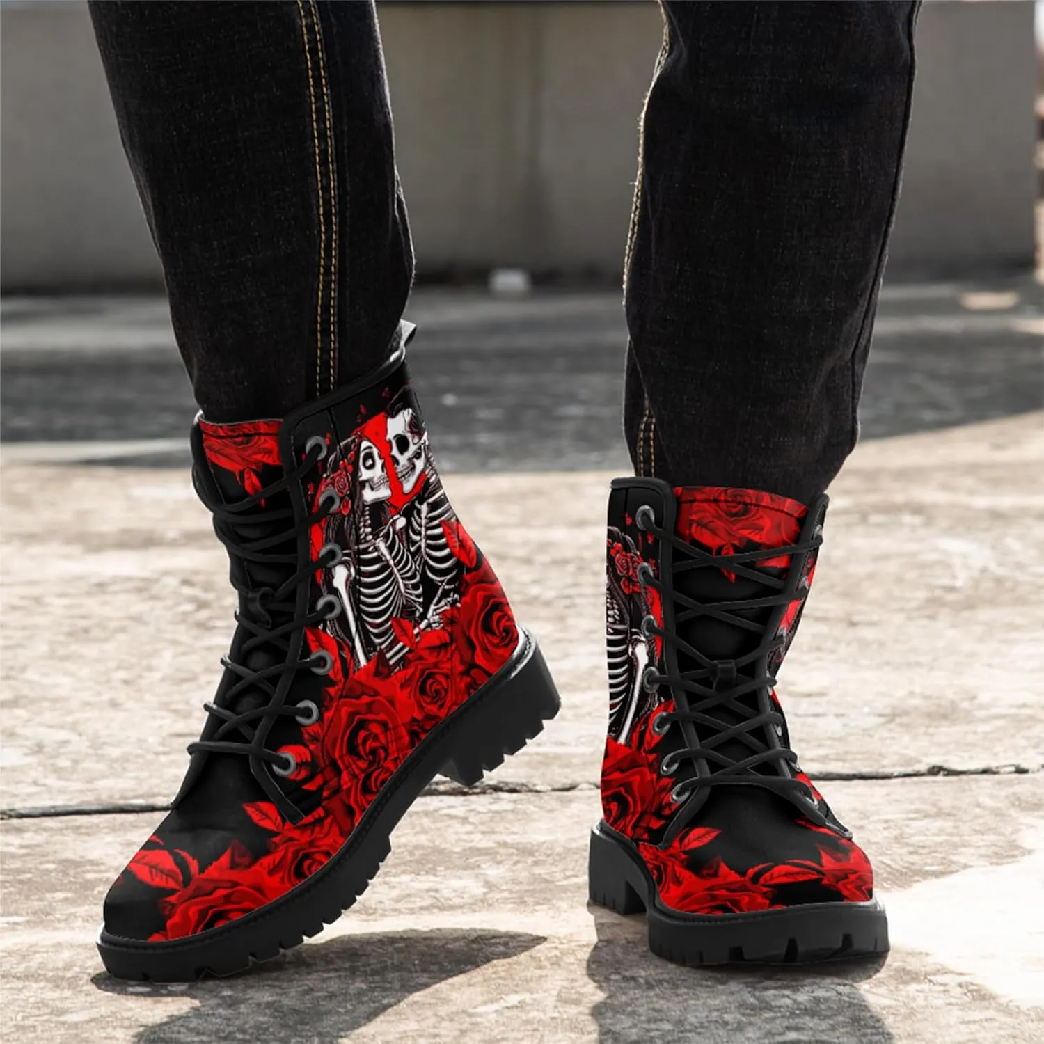 Gothic Boots Skull Rose Combat Boots Lace-Up Ankle Booties Fashion Leather Work Boots