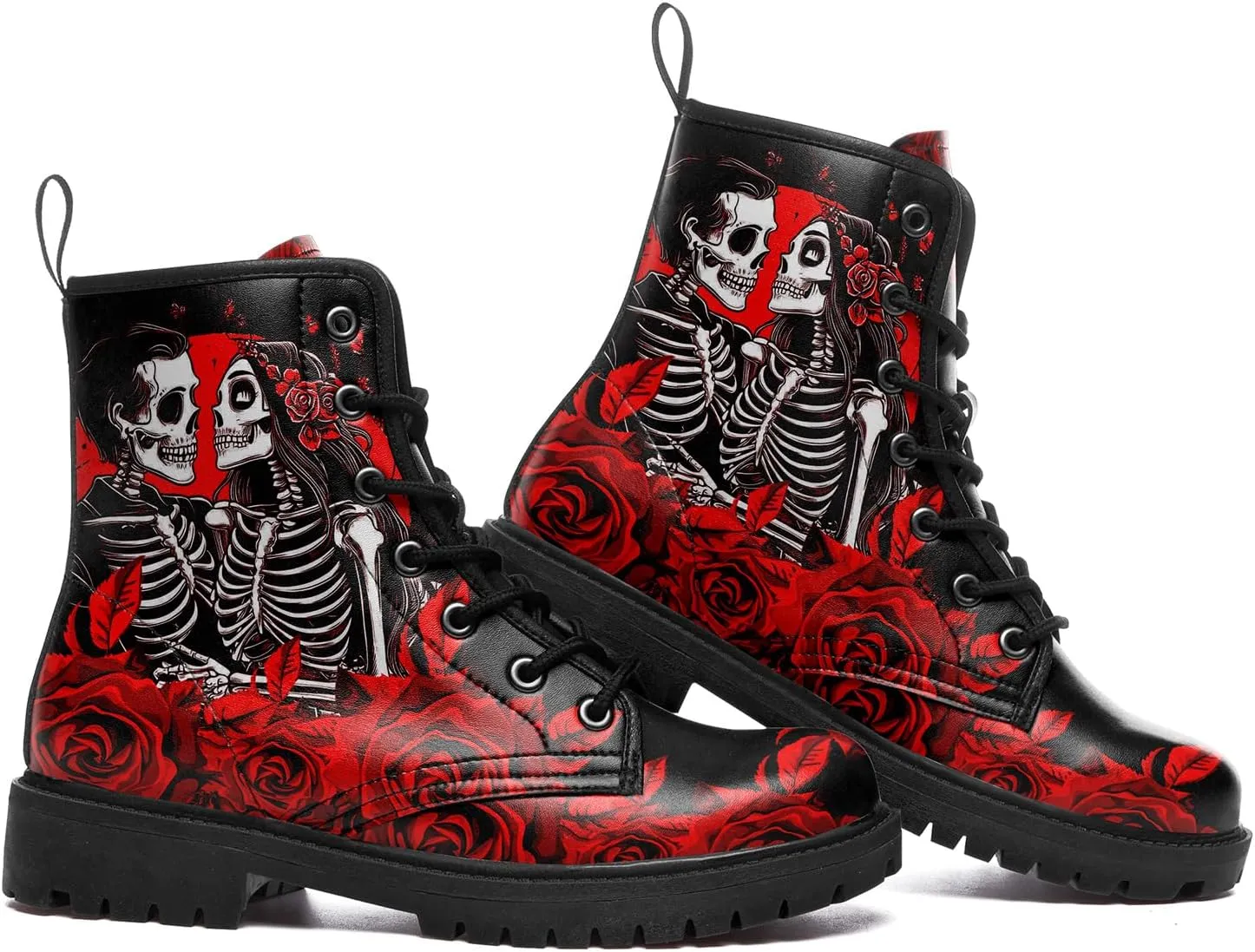 Gothic Boots Skull Rose Combat Boots Lace-Up Ankle Booties Fashion Leather Work Boots