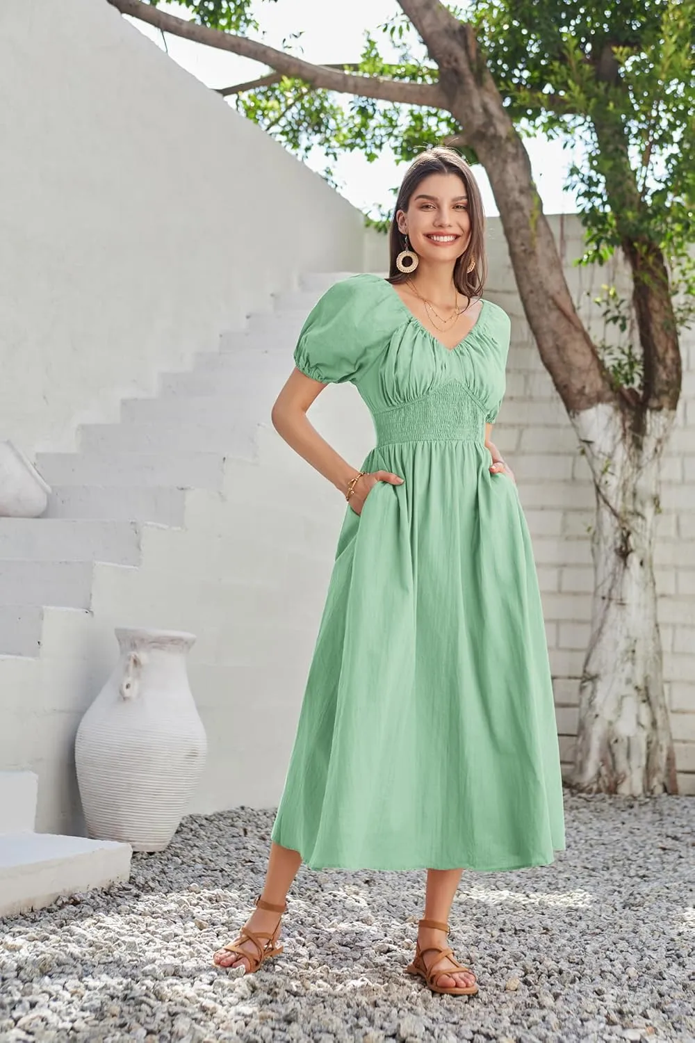 GRACE KARIN 2024 Women's Summer V Neck Smocked Cotton Dresses Short Puff Sleeve Flowy A Line Maxi Dress with Pockets