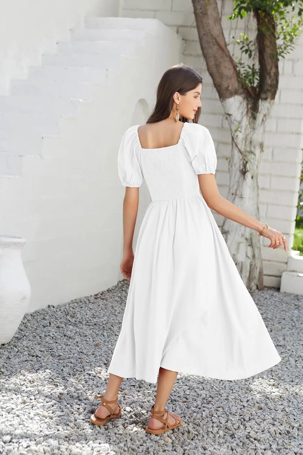GRACE KARIN 2024 Women's Summer V Neck Smocked Cotton Dresses Short Puff Sleeve Flowy A Line Maxi Dress with Pockets