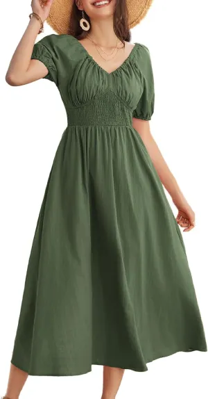 GRACE KARIN 2024 Women's Summer V Neck Smocked Cotton Dresses Short Puff Sleeve Flowy A Line Maxi Dress with Pockets