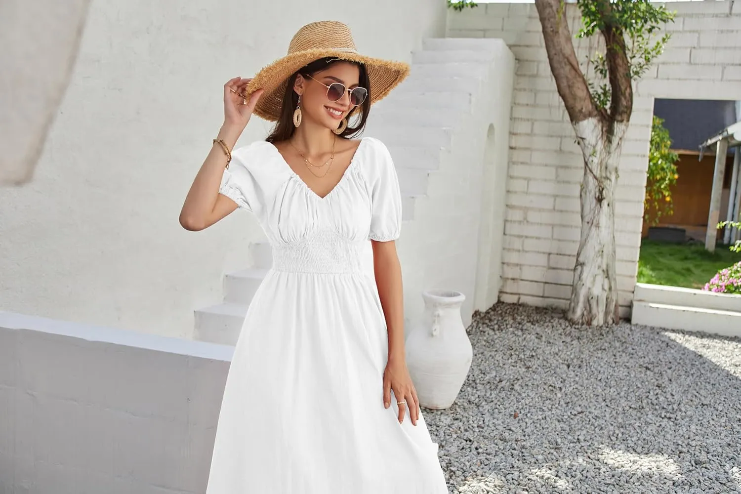GRACE KARIN 2024 Women's Summer V Neck Smocked Cotton Dresses Short Puff Sleeve Flowy A Line Maxi Dress with Pockets