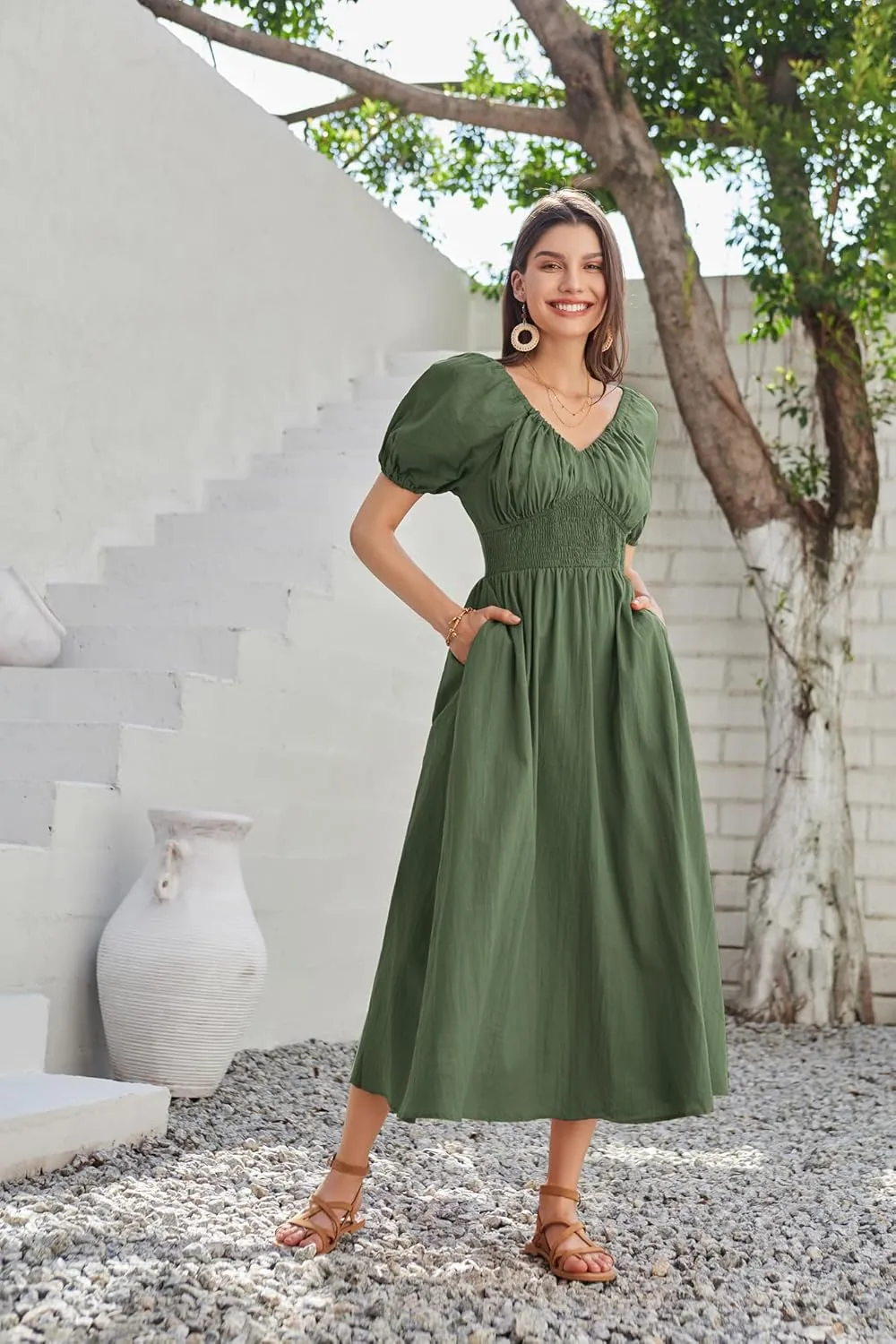 GRACE KARIN 2024 Women's Summer V Neck Smocked Cotton Dresses Short Puff Sleeve Flowy A Line Maxi Dress with Pockets