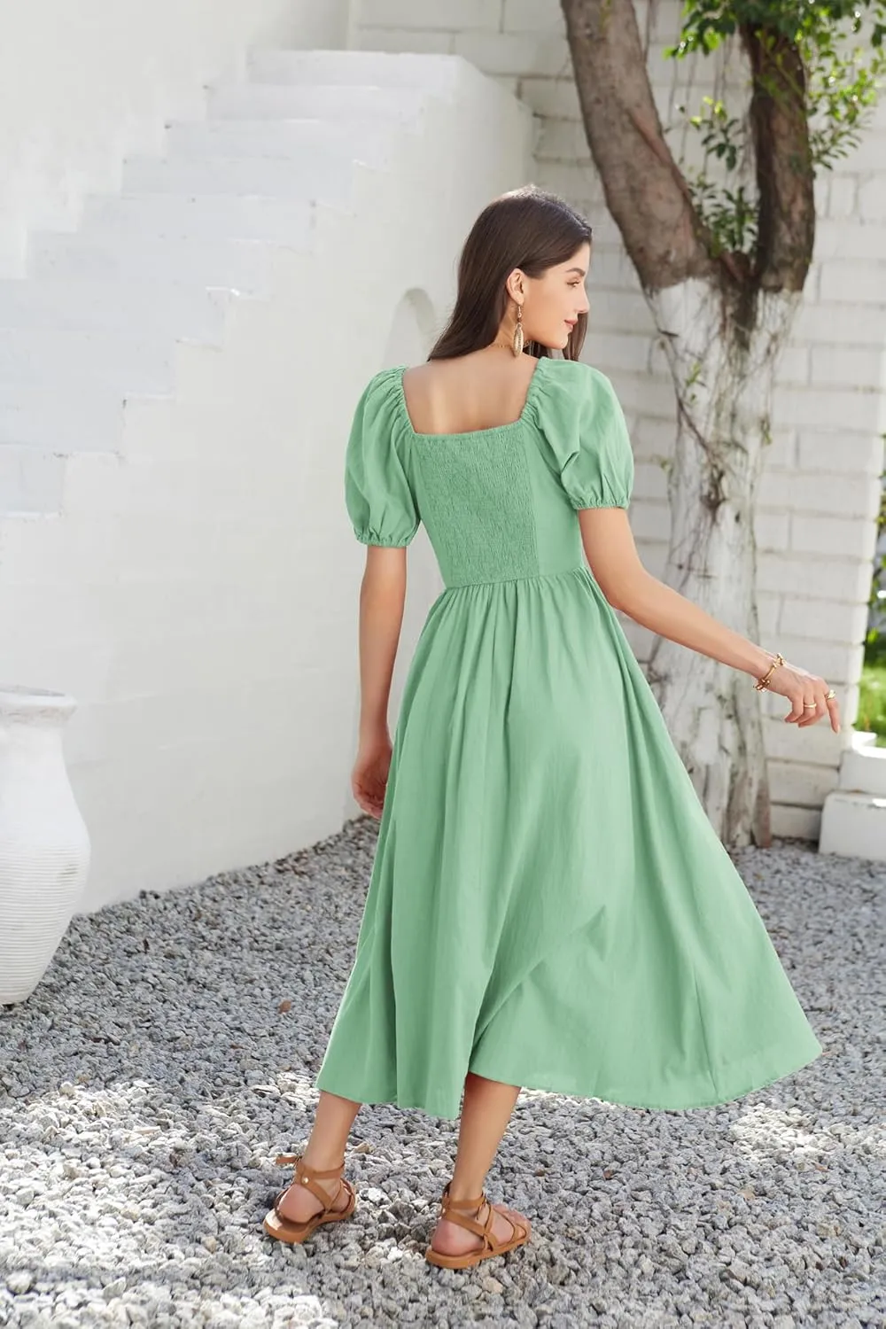 GRACE KARIN 2024 Women's Summer V Neck Smocked Cotton Dresses Short Puff Sleeve Flowy A Line Maxi Dress with Pockets