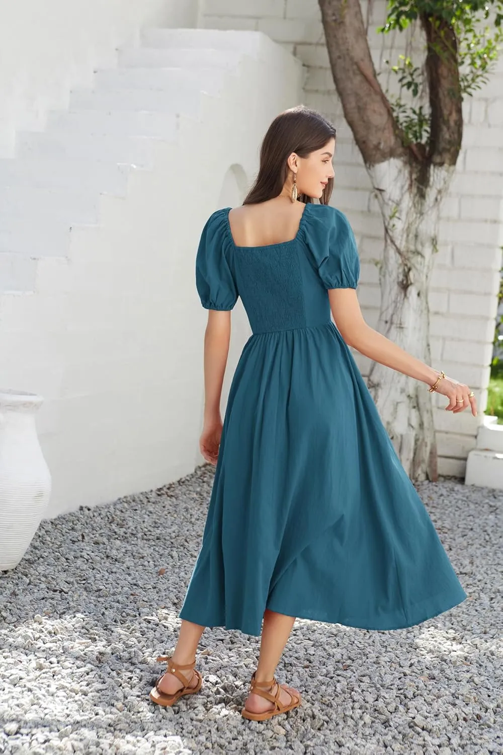 GRACE KARIN 2024 Women's Summer V Neck Smocked Cotton Dresses Short Puff Sleeve Flowy A Line Maxi Dress with Pockets