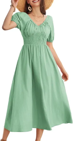 GRACE KARIN 2024 Women's Summer V Neck Smocked Cotton Dresses Short Puff Sleeve Flowy A Line Maxi Dress with Pockets