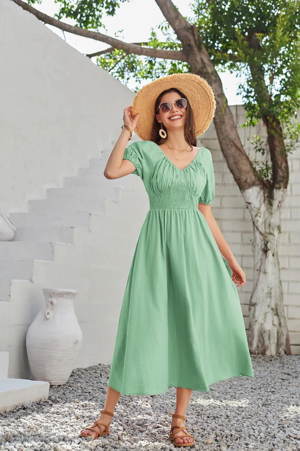GRACE KARIN 2024 Women's Summer V Neck Smocked Cotton Dresses Short Puff Sleeve Flowy A Line Maxi Dress with Pockets