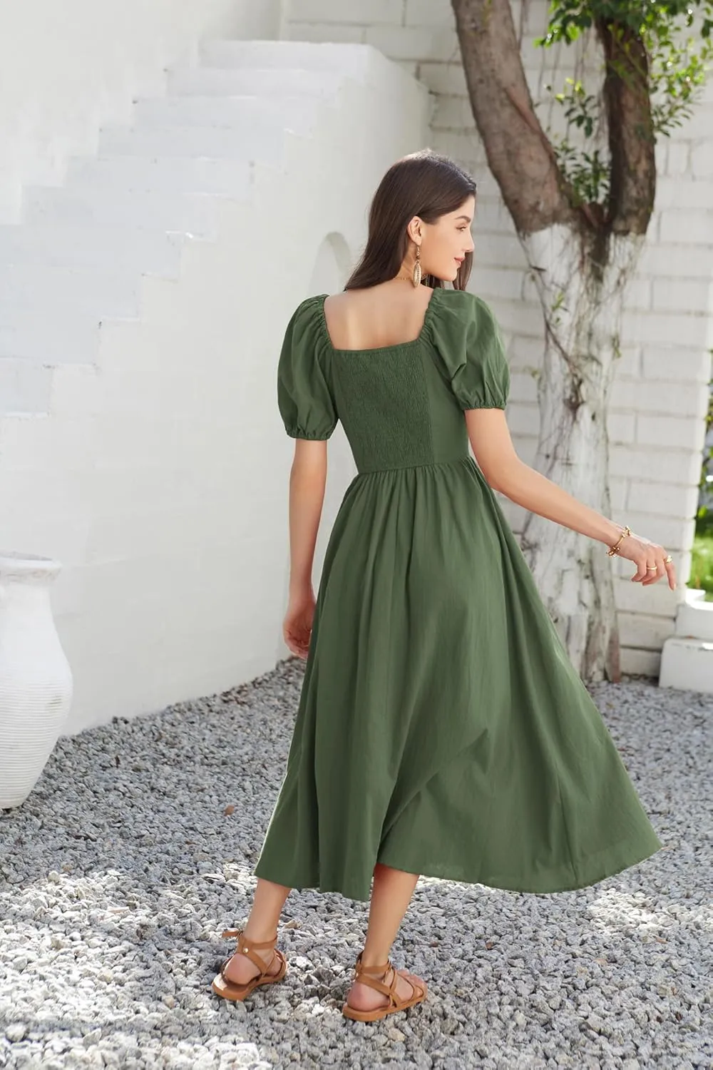 GRACE KARIN 2024 Women's Summer V Neck Smocked Cotton Dresses Short Puff Sleeve Flowy A Line Maxi Dress with Pockets