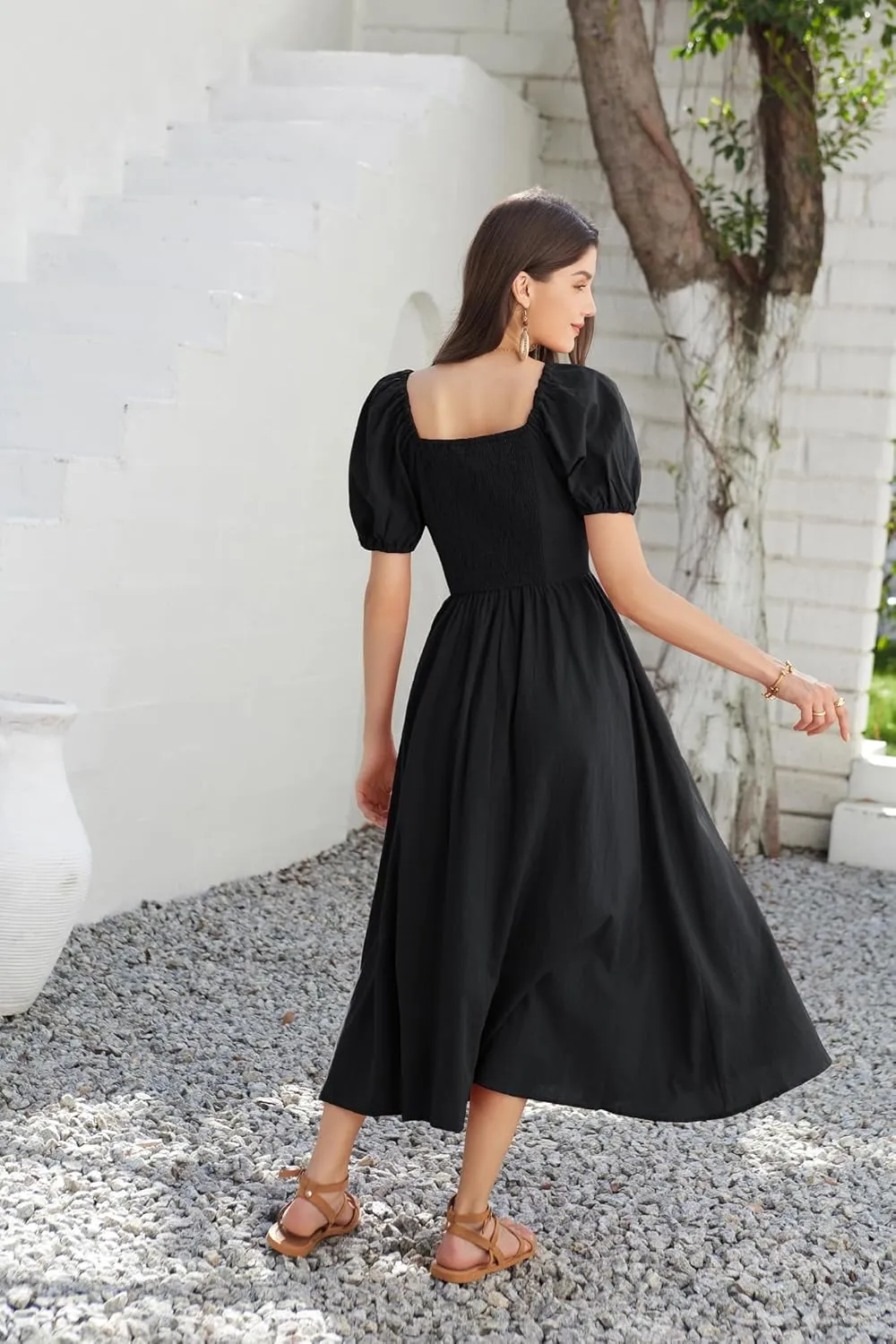 GRACE KARIN 2024 Women's Summer V Neck Smocked Cotton Dresses Short Puff Sleeve Flowy A Line Maxi Dress with Pockets