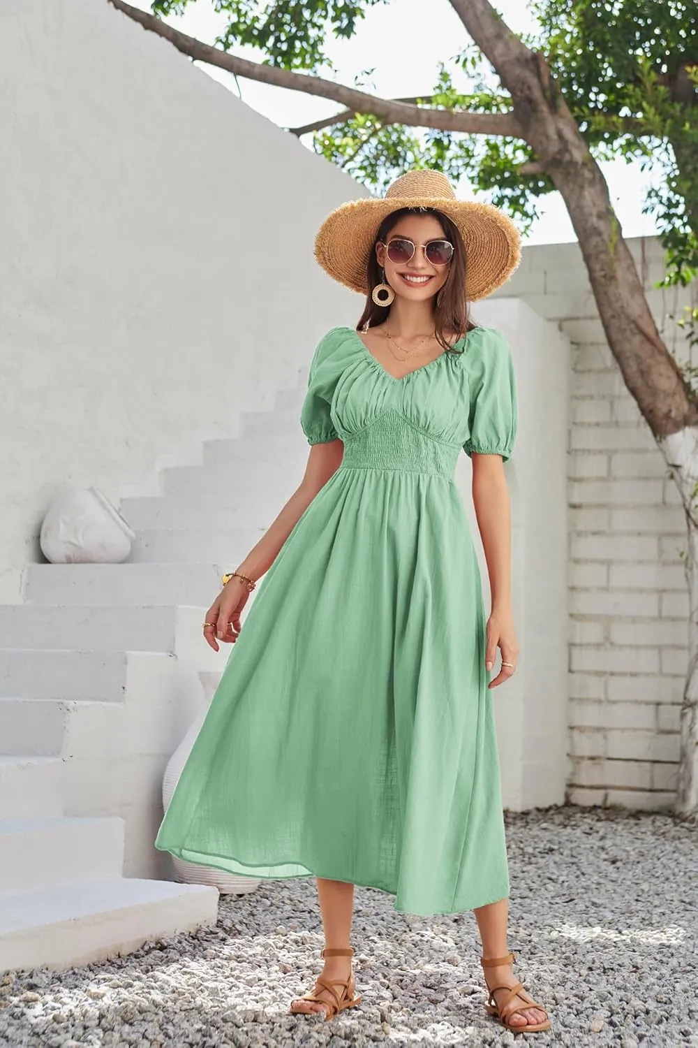 GRACE KARIN 2024 Women's Summer V Neck Smocked Cotton Dresses Short Puff Sleeve Flowy A Line Maxi Dress with Pockets