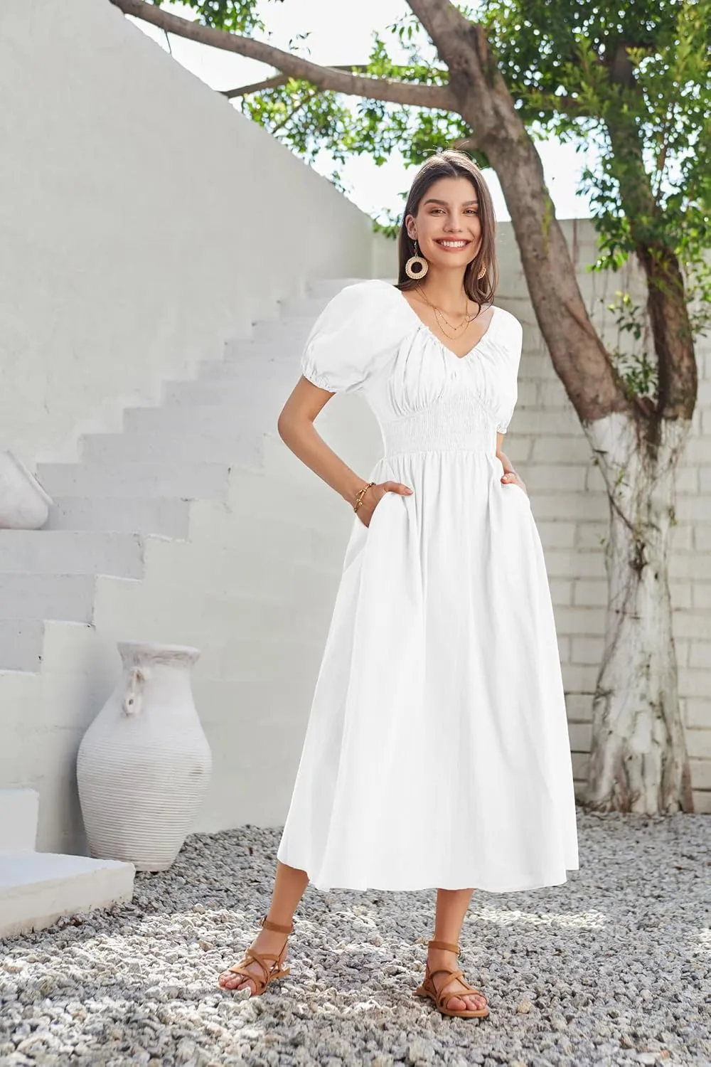 GRACE KARIN 2024 Women's Summer V Neck Smocked Cotton Dresses Short Puff Sleeve Flowy A Line Maxi Dress with Pockets