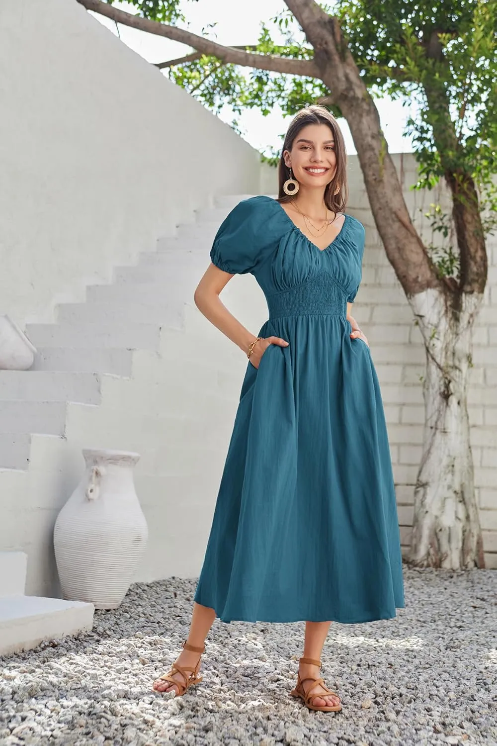 GRACE KARIN 2024 Women's Summer V Neck Smocked Cotton Dresses Short Puff Sleeve Flowy A Line Maxi Dress with Pockets