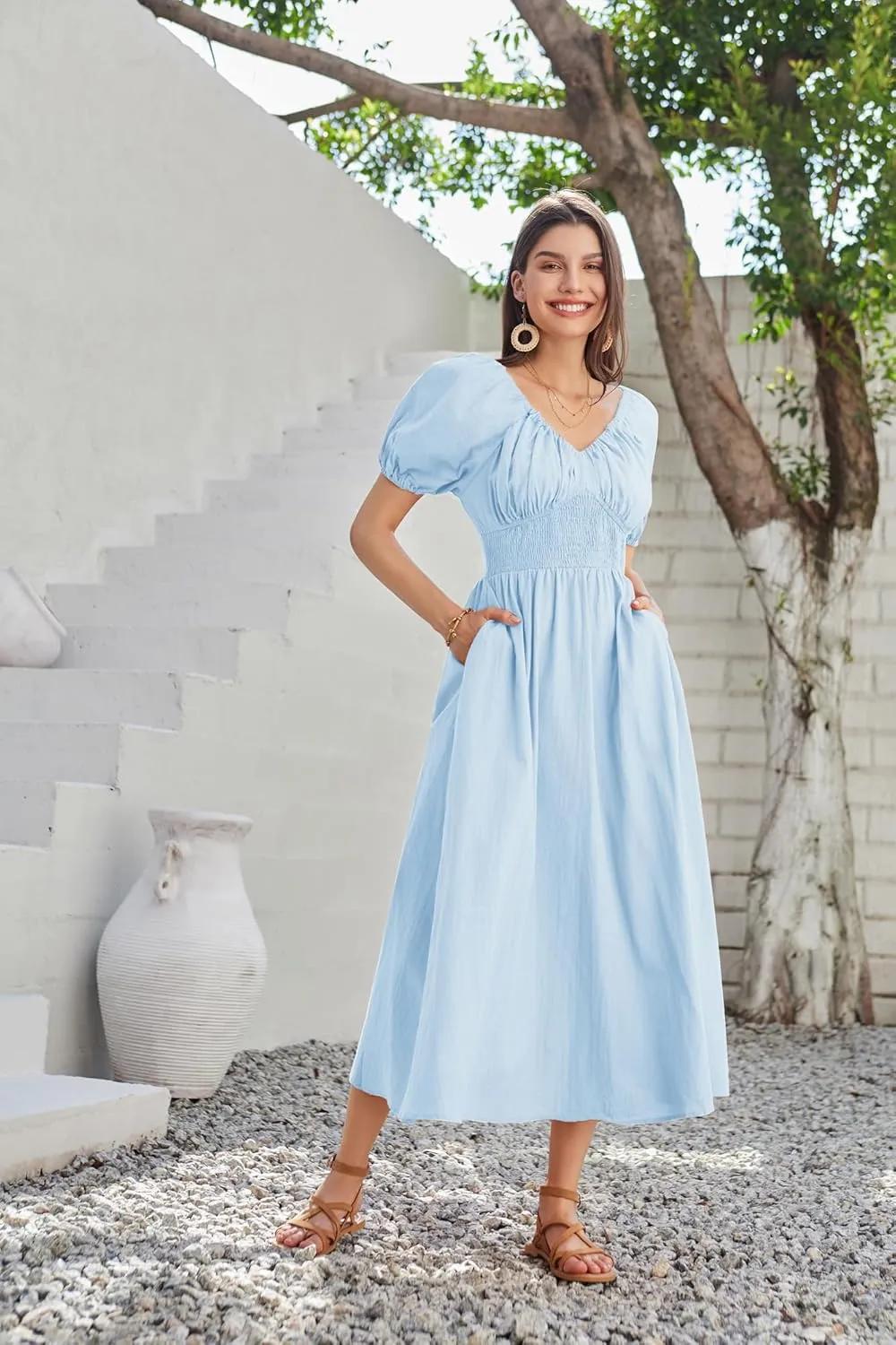 GRACE KARIN 2024 Women's Summer V Neck Smocked Cotton Dresses Short Puff Sleeve Flowy A Line Maxi Dress with Pockets
