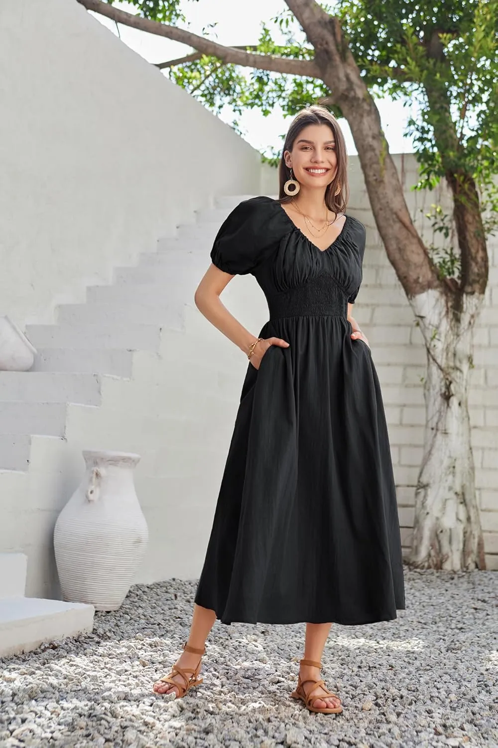 GRACE KARIN 2024 Women's Summer V Neck Smocked Cotton Dresses Short Puff Sleeve Flowy A Line Maxi Dress with Pockets