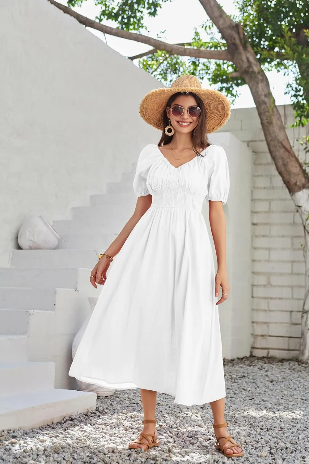 GRACE KARIN 2024 Women's Summer V Neck Smocked Cotton Dresses Short Puff Sleeve Flowy A Line Maxi Dress with Pockets