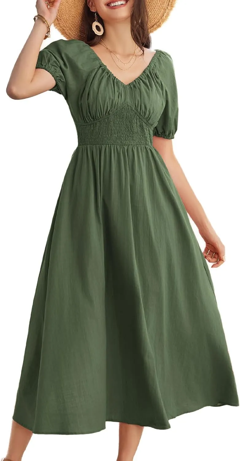 GRACE KARIN 2024 Women's Summer V Neck Smocked Cotton Dresses Short Puff Sleeve Flowy A Line Maxi Dress with Pockets