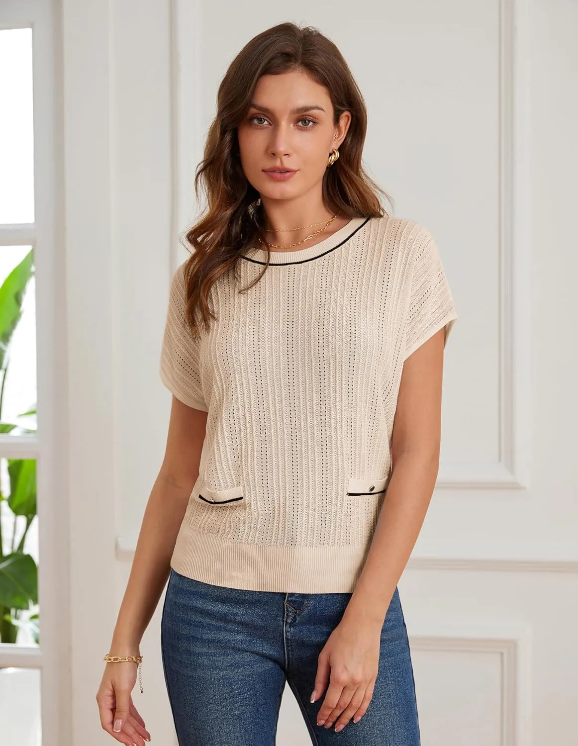 GRACE KARIN Summer Lightweight Short Sleeve Sweater for Women Hollow Crochet Crew Neck Pullover Tops 2025