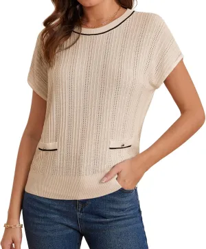 GRACE KARIN Summer Lightweight Short Sleeve Sweater for Women Hollow Crochet Crew Neck Pullover Tops 2025