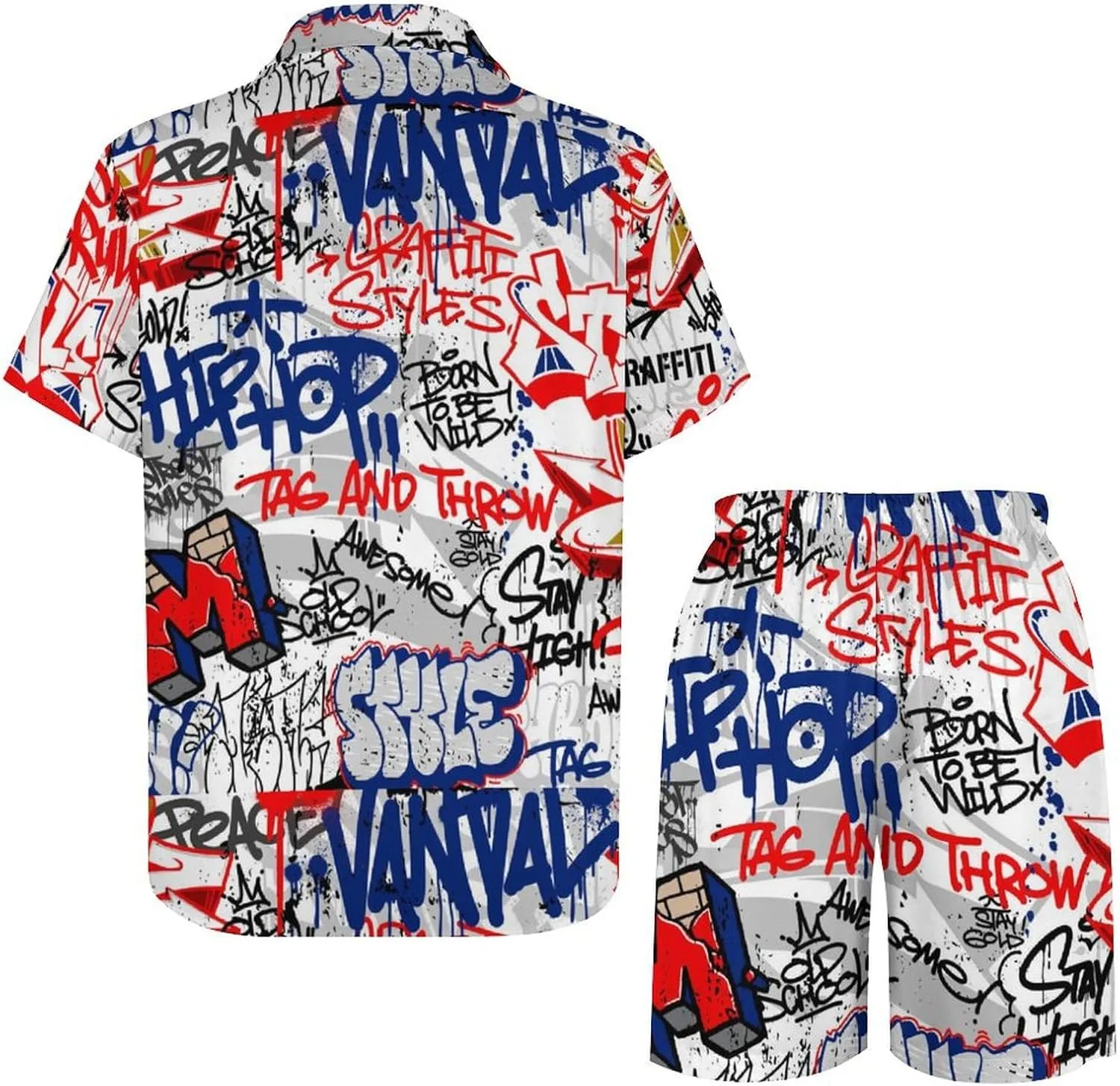 Graffiti Art with Urban ThemeMen's Two-Piece Casual Short-Sleeved Shirt Summer Loose Vacation Suit