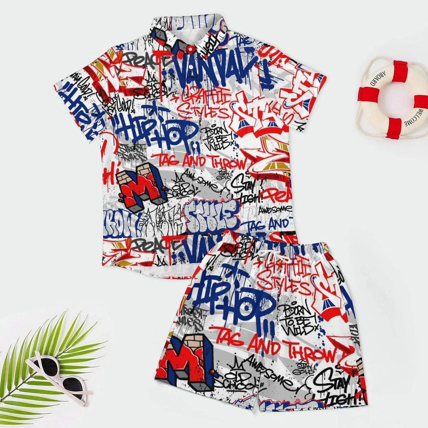 Graffiti Art with Urban ThemeMen's Two-Piece Casual Short-Sleeved Shirt Summer Loose Vacation Suit