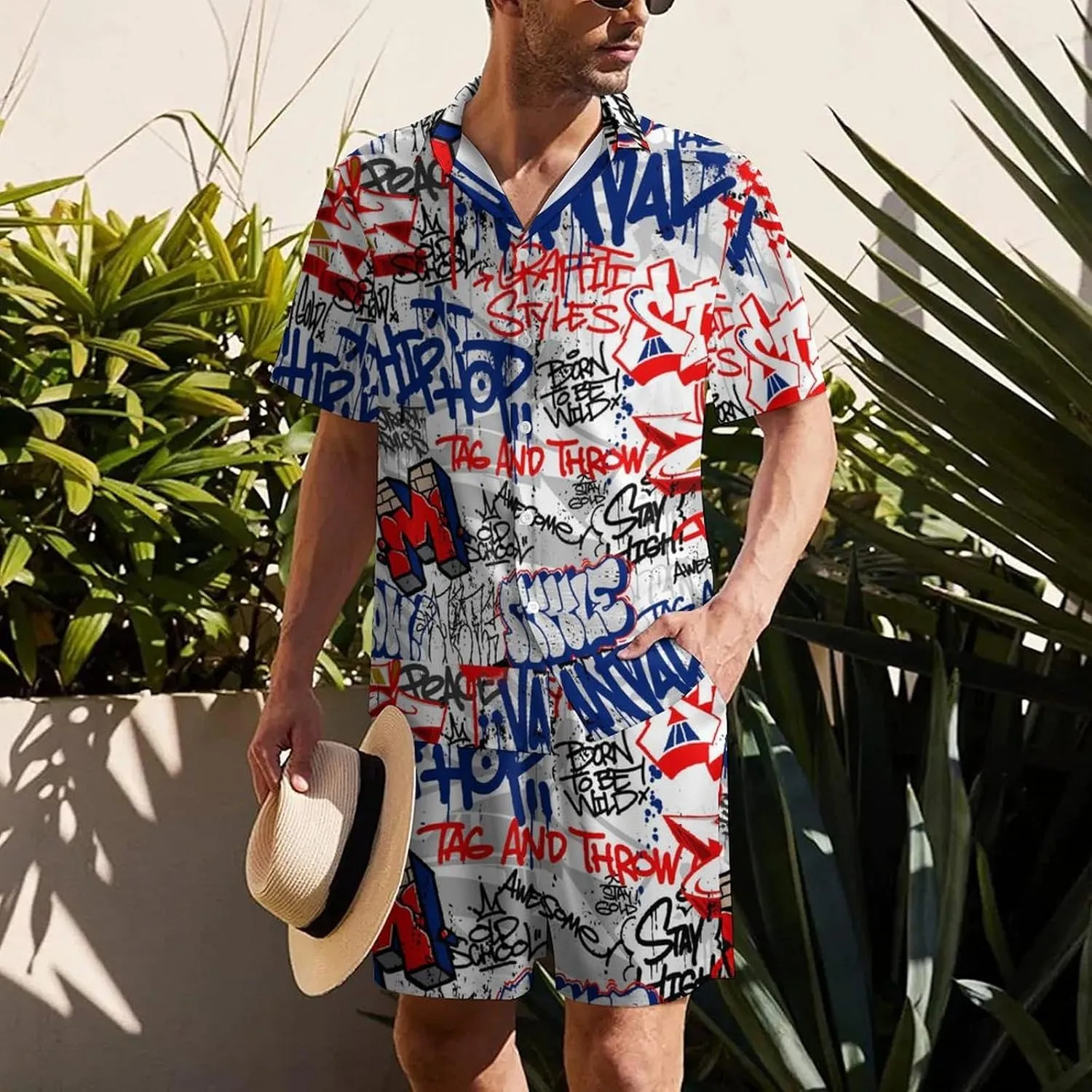 Graffiti Art with Urban ThemeMen's Two-Piece Casual Short-Sleeved Shirt Summer Loose Vacation Suit