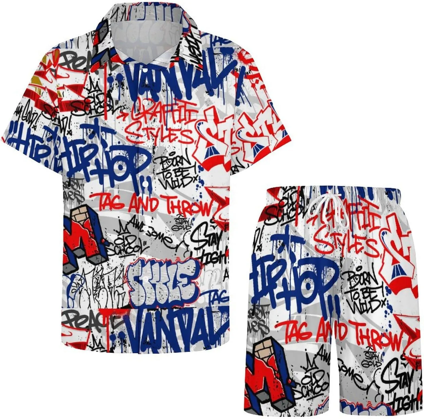 Graffiti Art with Urban ThemeMen's Two-Piece Casual Short-Sleeved Shirt Summer Loose Vacation Suit