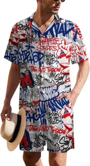 Graffiti Art with Urban ThemeMen's Two-Piece Casual Short-Sleeved Shirt Summer Loose Vacation Suit